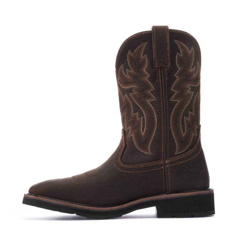 Men's dark brown western boot, angled side view, pull-on shaft with zipper