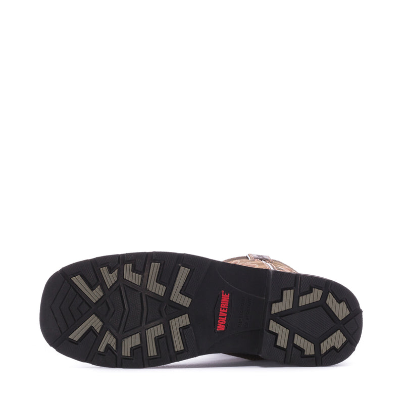 Men's boot sole with rugged tread and red logo patch on rubber outsole
