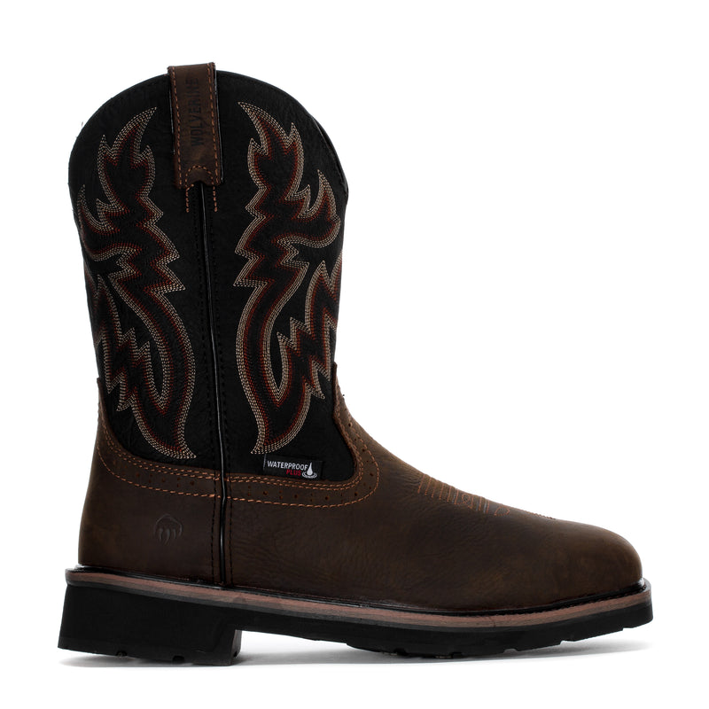 Men’s rancher steel toe work boot in dark brown with black flame embroidery on shaft