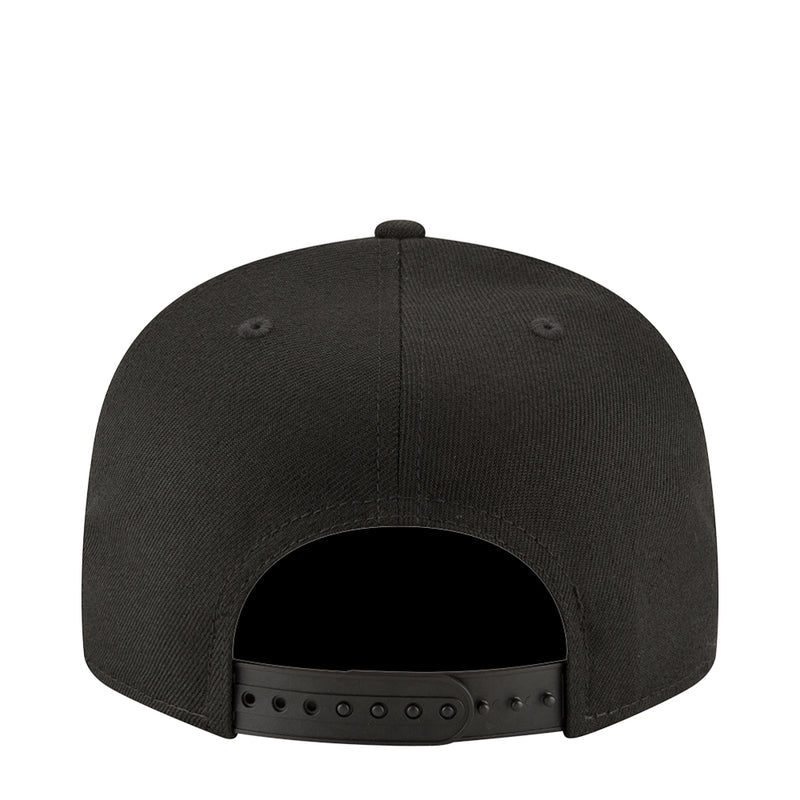 Black baseball cap back view with adjustable strap and ventilation eyelets