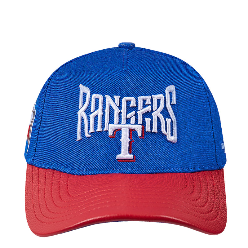 Two-tone blue and red strapback cap with Rangers “T” logo on front panel