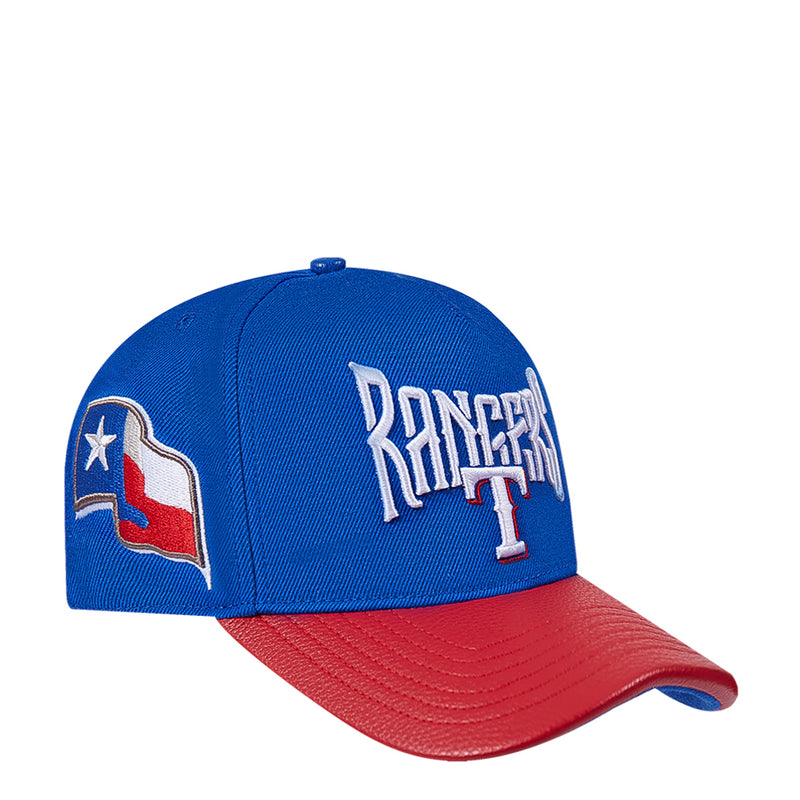 Two-tone blue and red strapback cap with Rangers “T” logo and Texas flag patch