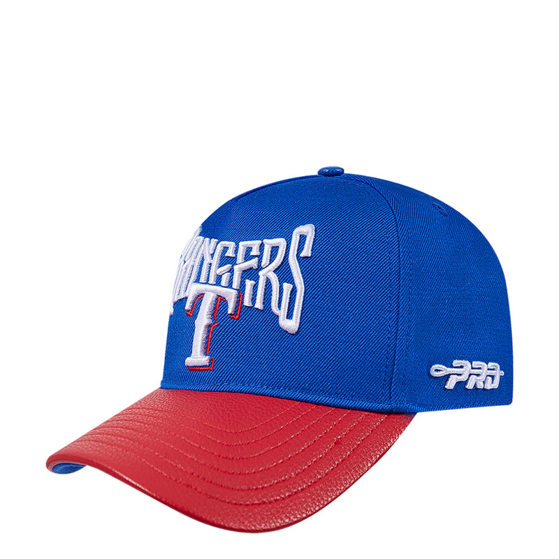 Two-tone blue and red strapback cap with Rangers “R” and MLB-style “T” graphic