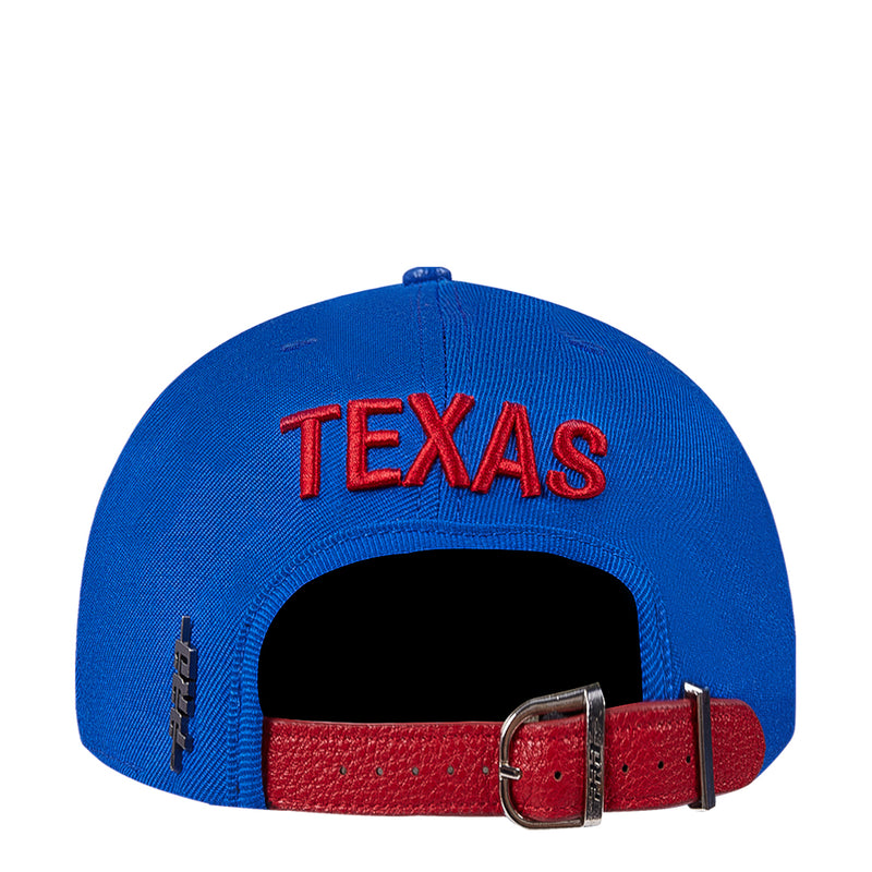 Two-tone blue and red strapback cap with “TEXAS” text and adjustable leather strap