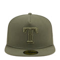 Olive A-frame baseball cap with embroidered T logo on front