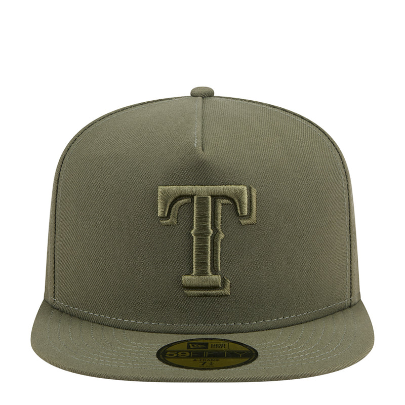 Olive A-frame baseball cap with embroidered T logo on front