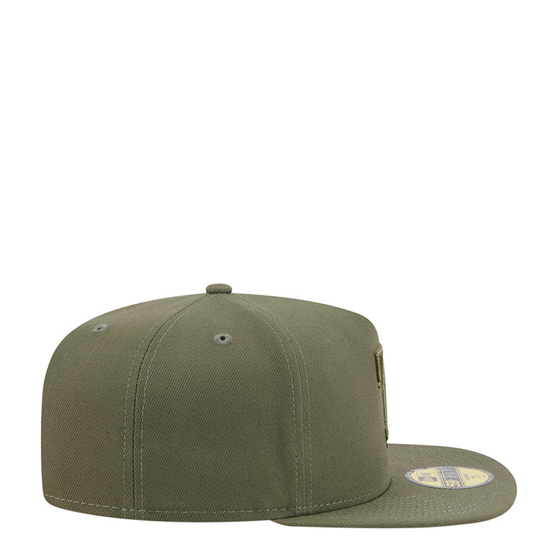 Olive A-frame baseball cap with curved brim and small side logo