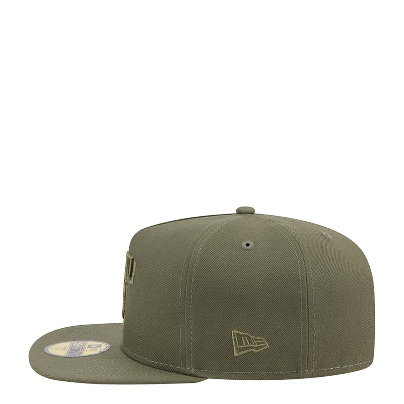 Olive A-frame baseball cap with embroidered side emblem and curved brim