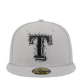 Grey baseball cap with cracked letter “T” front logo and flat brim