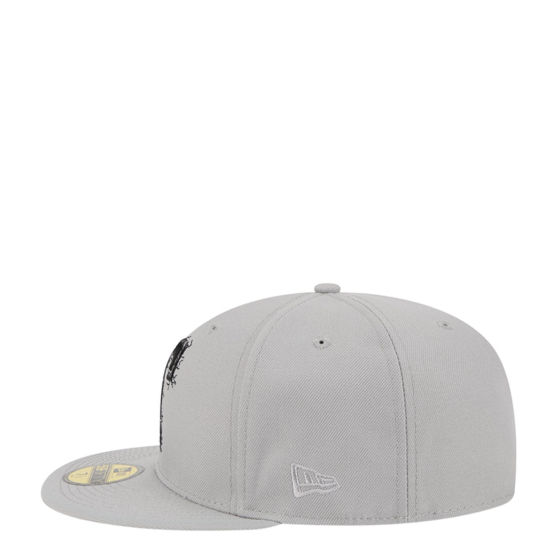 Grey baseball cap top view with small “T” logo on front panel and brim