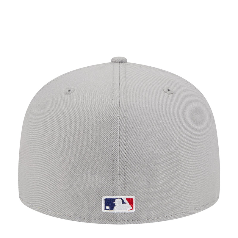 Grey baseball cap back panel with rectangular “baseball” style logo patch