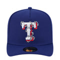 Navy blue baseball cap with embroidered red-and-white logo on the front