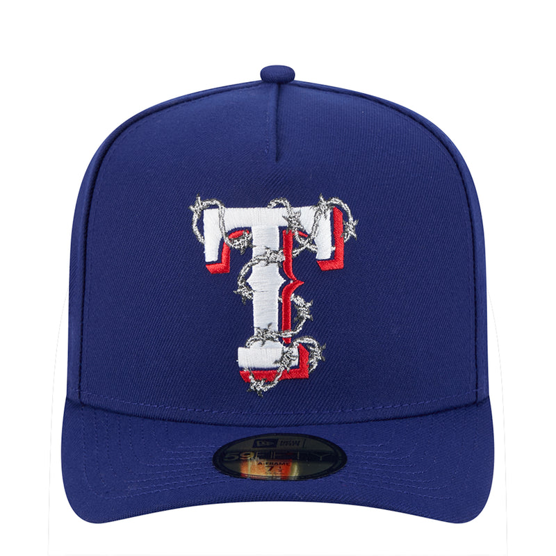 Navy blue baseball cap with embroidered red-and-white logo on the front