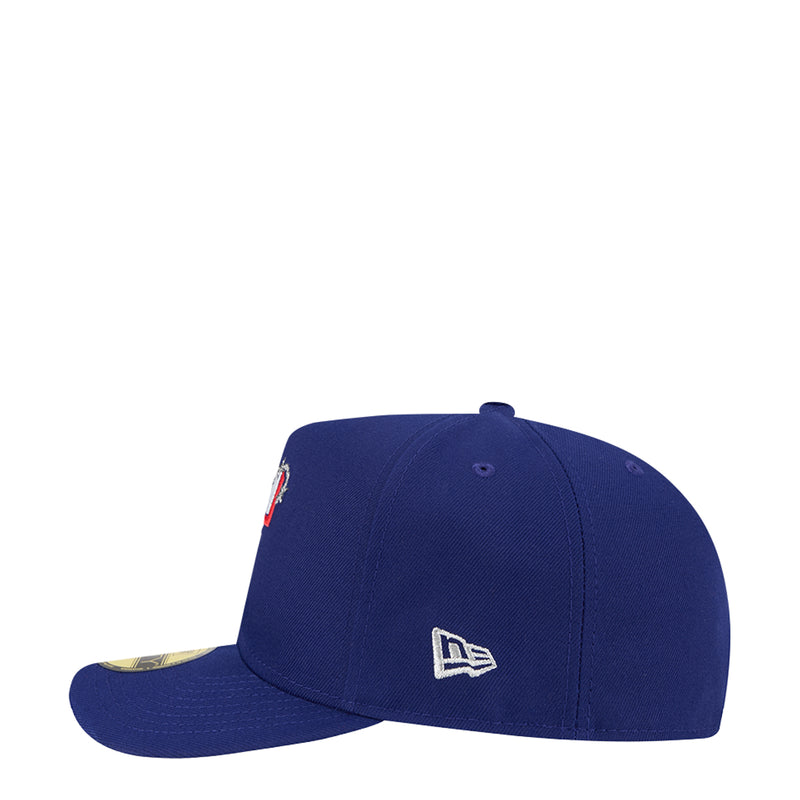 Navy blue baseball cap with embroidered logo on the side near the brim