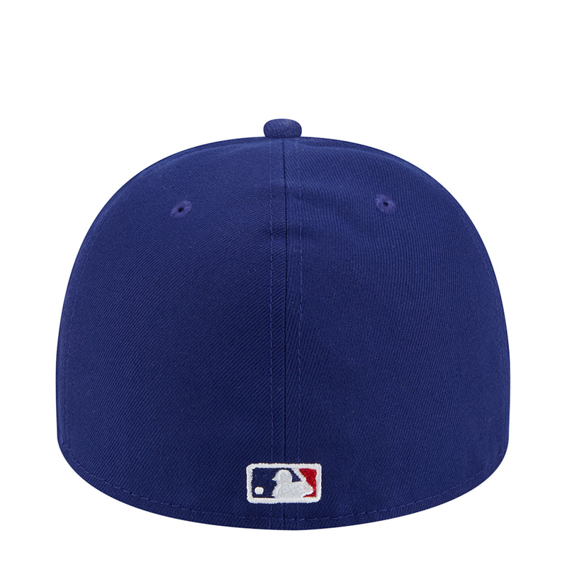 Navy blue baseball cap with embroidered logo patch on the back