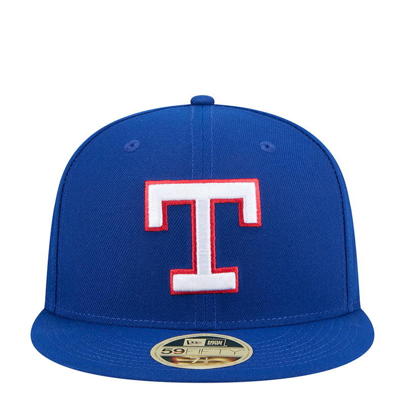 Blue baseball cap with white-and-red “T” logo front