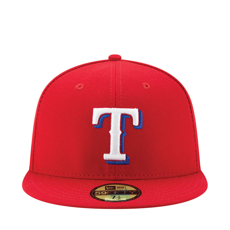 Red 59FIFTY baseball cap with large embroidered T logo in white and blue