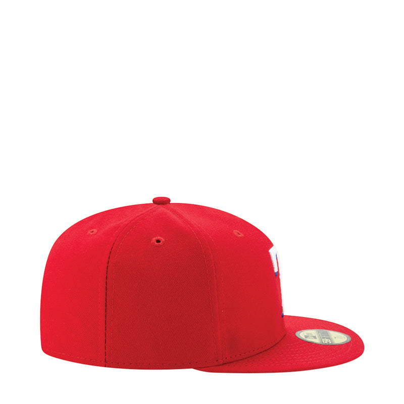 Red 59FIFTY baseball cap side view with curved brim and stitched panel seams