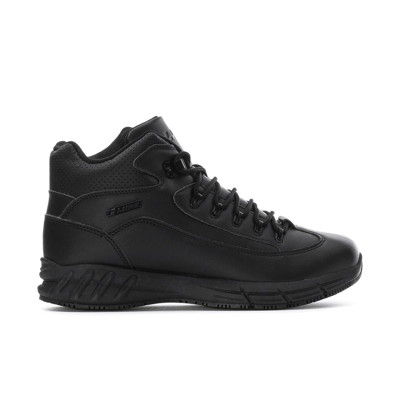 Black mid-top lace-up sneaker with padded ankle and thick sole tread