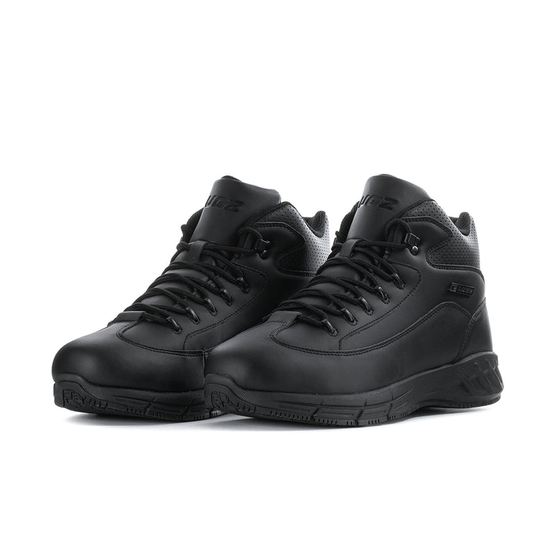 Black pair of mid-top lace-up sneakers with matte leather and chunky outsole