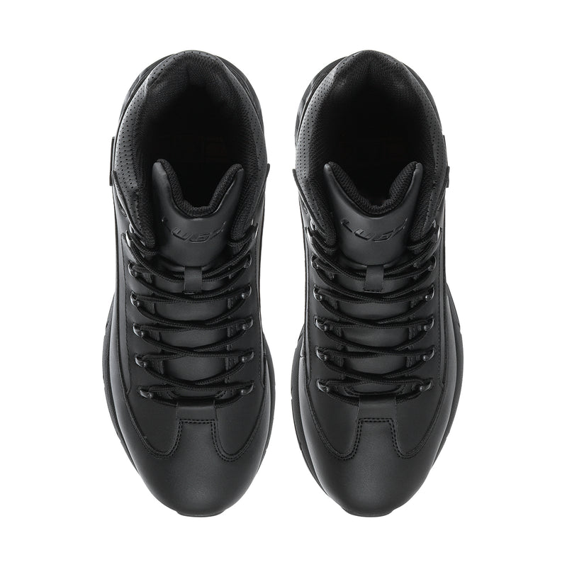 Black mid-top lace-up sneakers with lace eyelets and smooth toe panels