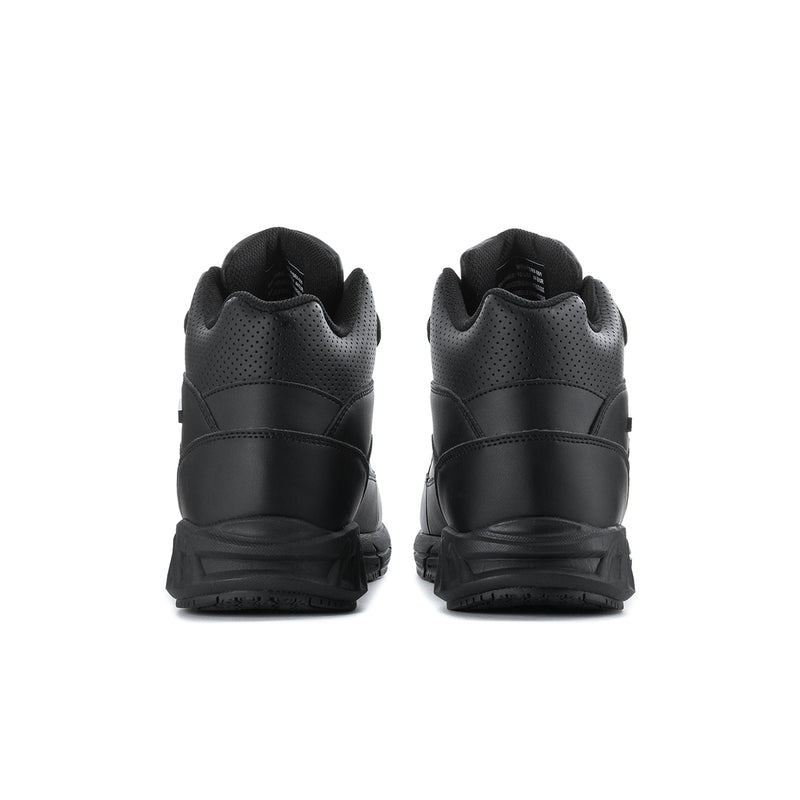 Black mid-top lace-up boots with cushioned collar and chunky tread sole