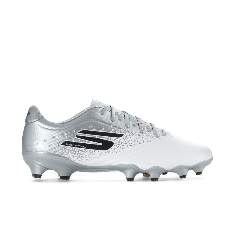 Men's white and silver soccer cleats with Firm Ground (FG) studs, lace-up front