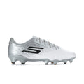 Men's white and silver soccer cleats with Firm Ground (FG) studs, lace-up front