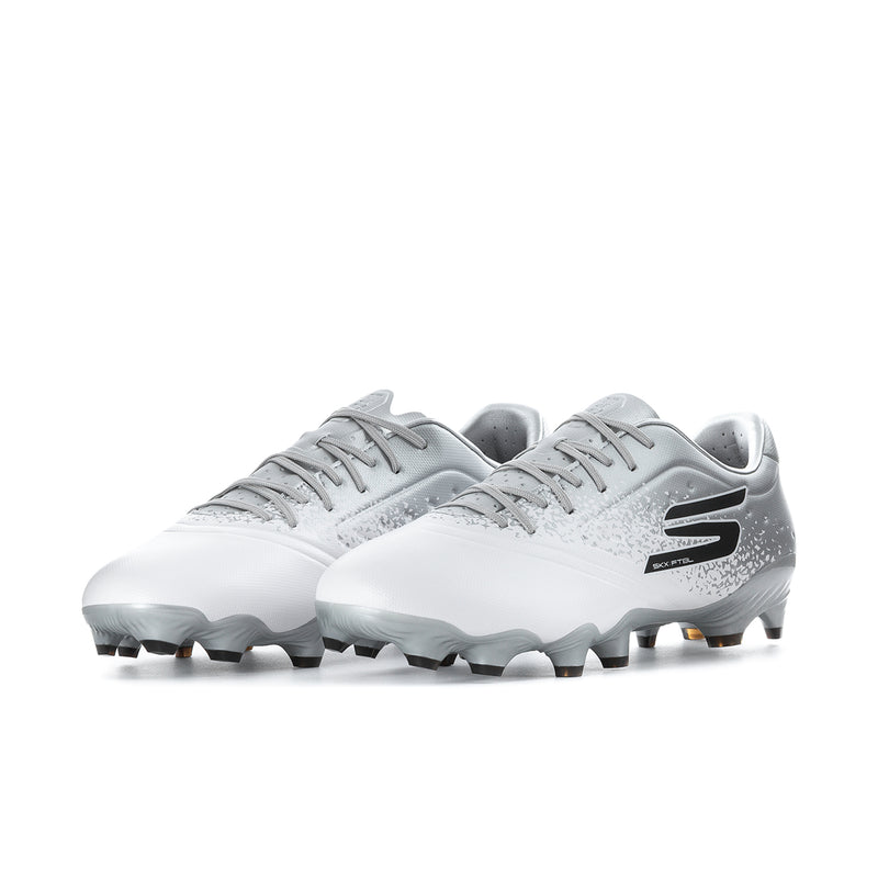 Men's white and silver soccer cleats, lace-up with side logo and FG stud sole