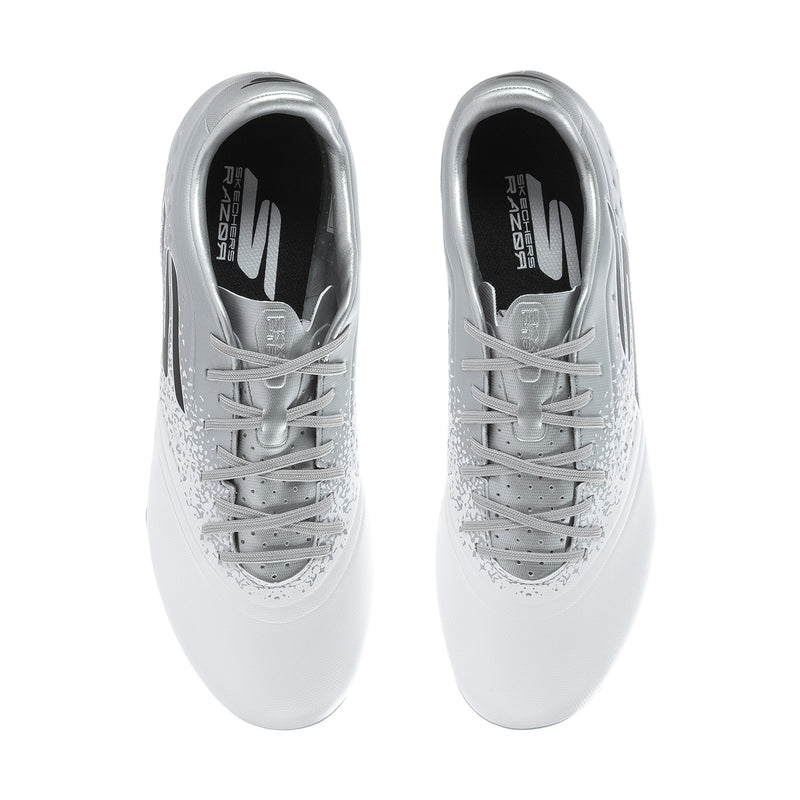 Men's white and silver soccer cleats, pair view from above, lace-up design