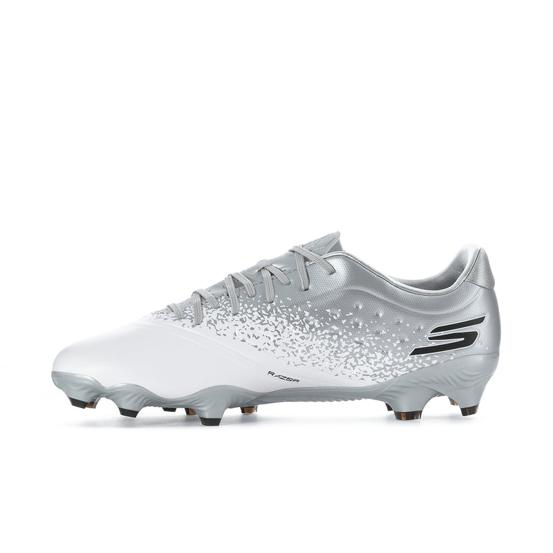 Men's white and silver soccer cleats with speckled upper finish and FG studs