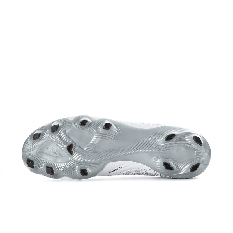 Men's white and silver FG soccer cleats, molded stud outsole underside view
