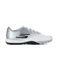 Men's white/silver soccer cleats with black turf sole, lace-up, side S logo