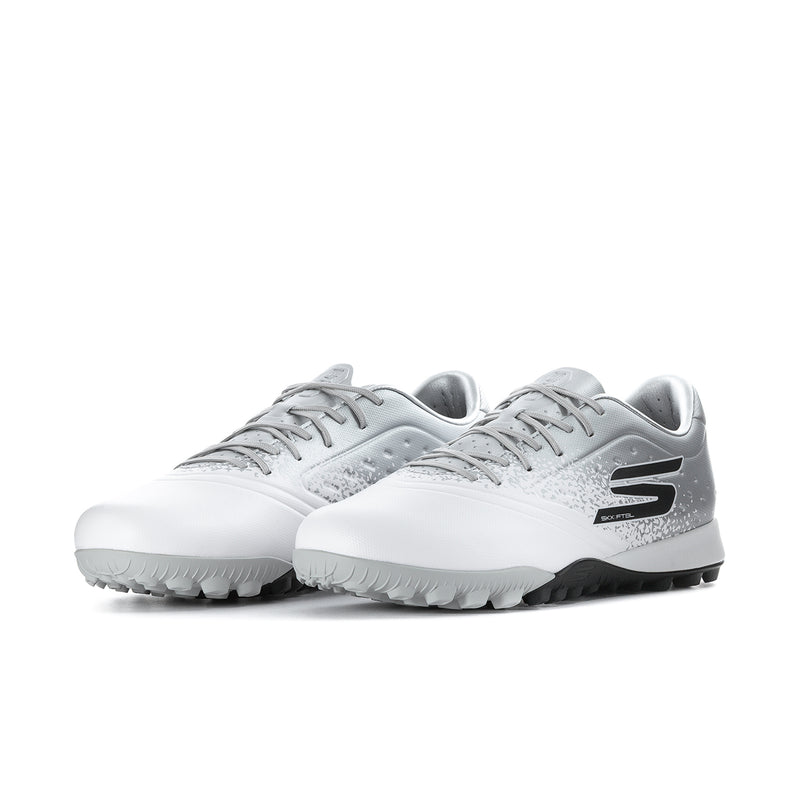 Men's white/silver lace-up soccer cleats with black turf sole, two-tone S logo