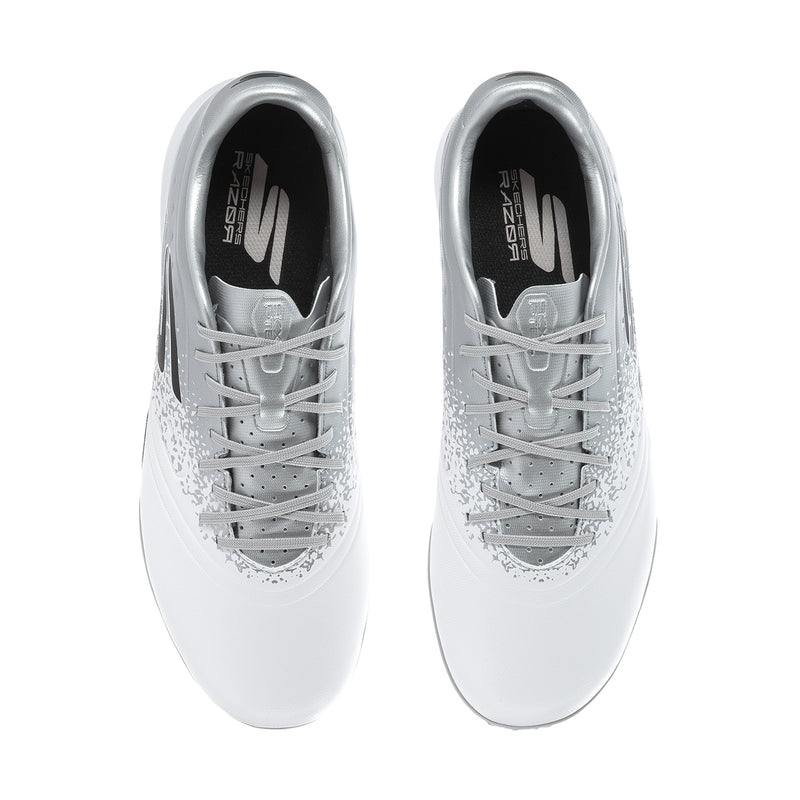 Pair of men's white/silver lace-up soccer cleats, black interior lining and insole
