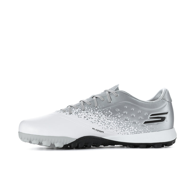 Men's white/silver soccer cleats with speckled upper, black turf sole, S logo