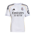 Youth Real Madrid home replica jersey, white with black-and-gold shoulder stripes