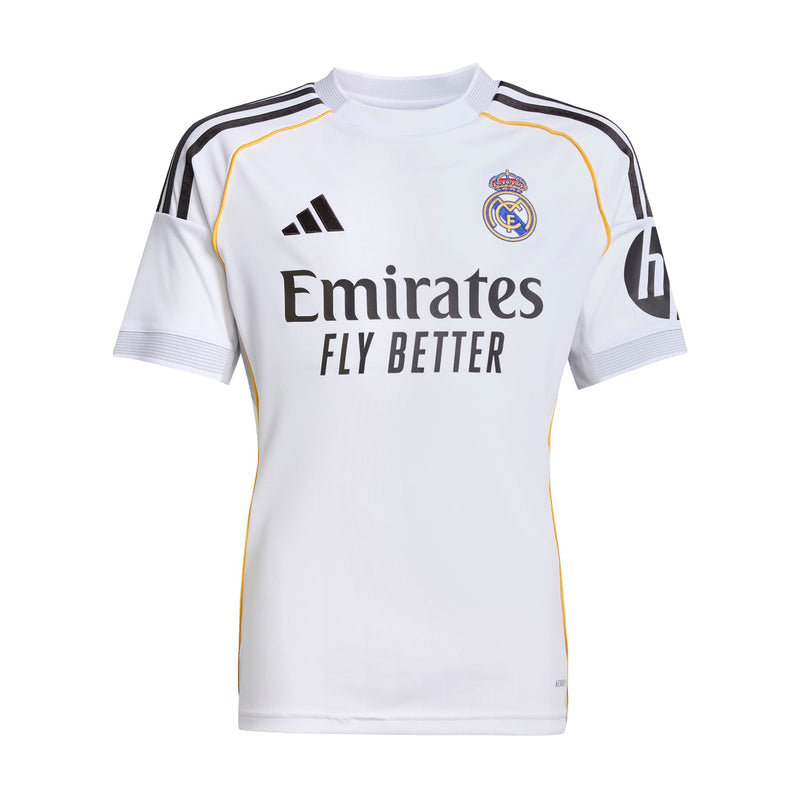 Youth Real Madrid home replica jersey, white with black-and-gold shoulder stripes