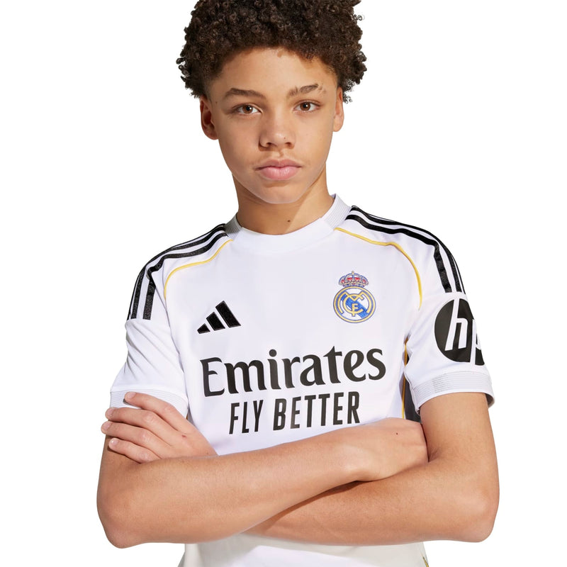 Youth Real Madrid home replica jersey front view, Emirates Fly Better and Adidas logo
