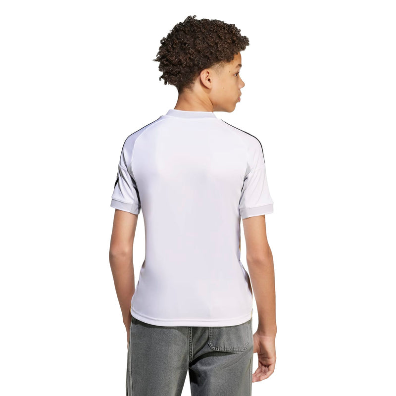 Youth Real Madrid home replica jersey back view, white with black-and-gold sleeve stripes