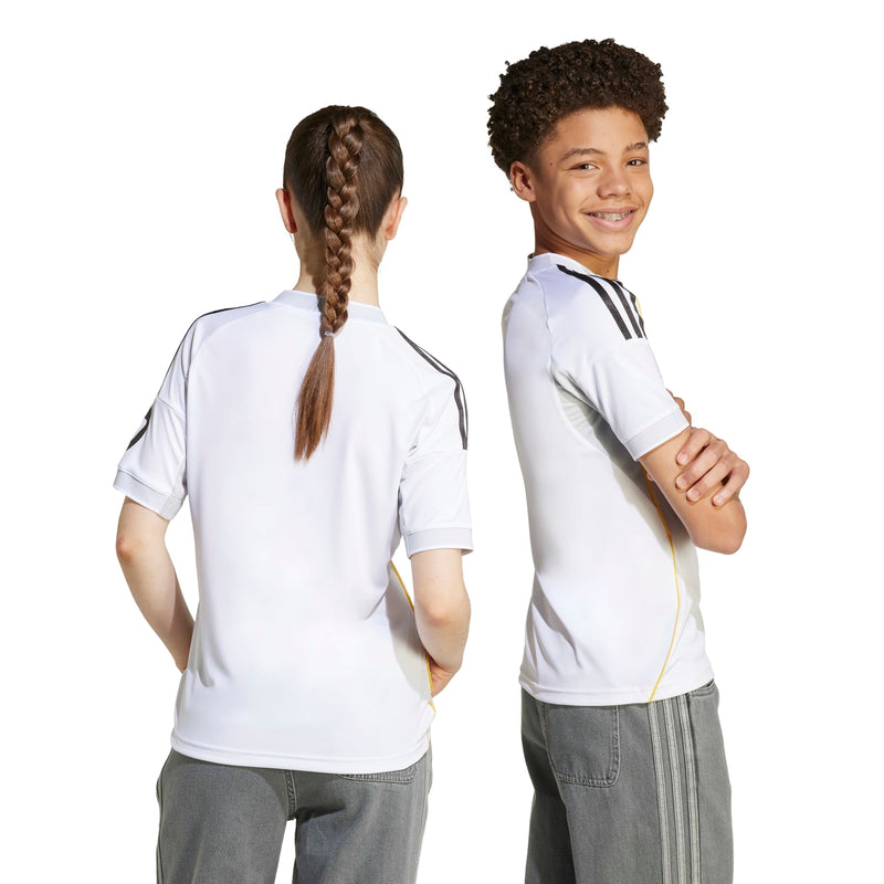 Youth Real Madrid home replica jersey, white front and back with stripe details
