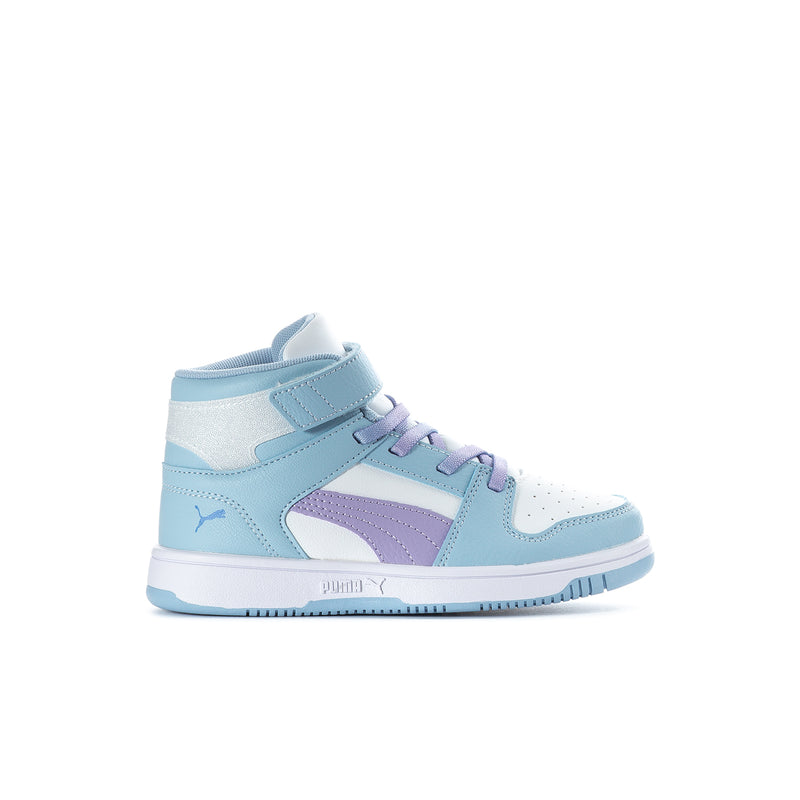 Kids high-top sneakers, light blue/white with purple panels and hook-and-loop strap