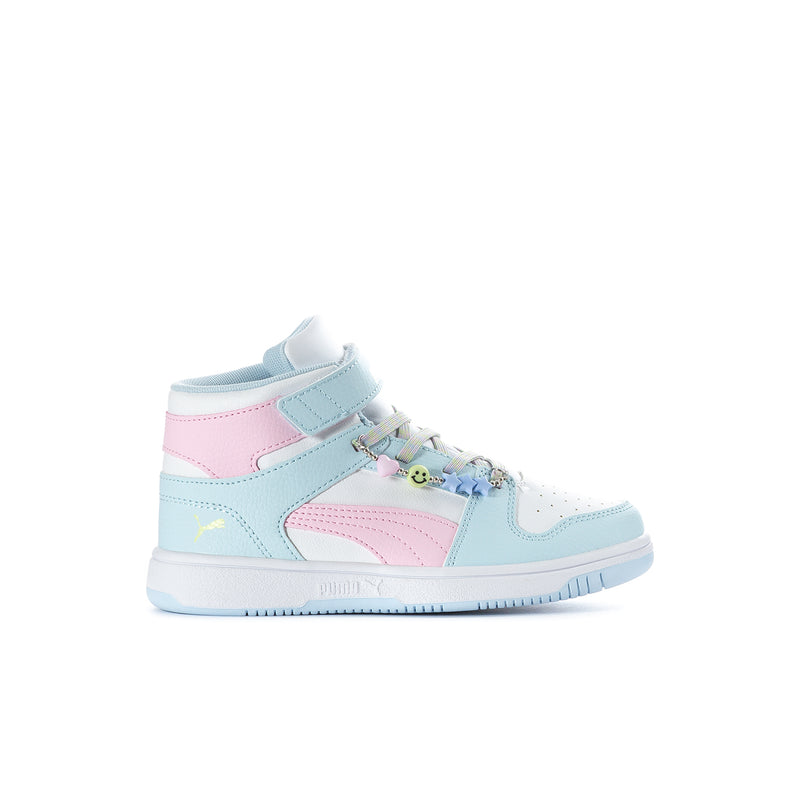 Kids high-top sneakers, light blue with pink panels and hook-and-loop strap