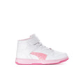 Kids high-top sneakers in white with pink glitter side panel and strap