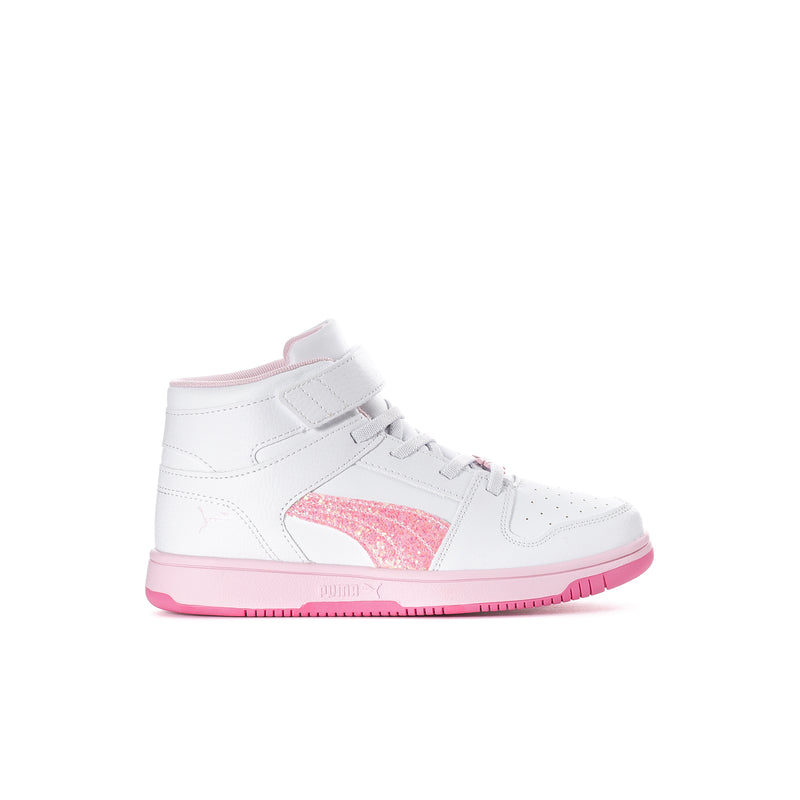Kids high-top sneakers in white with pink glitter side panel and strap