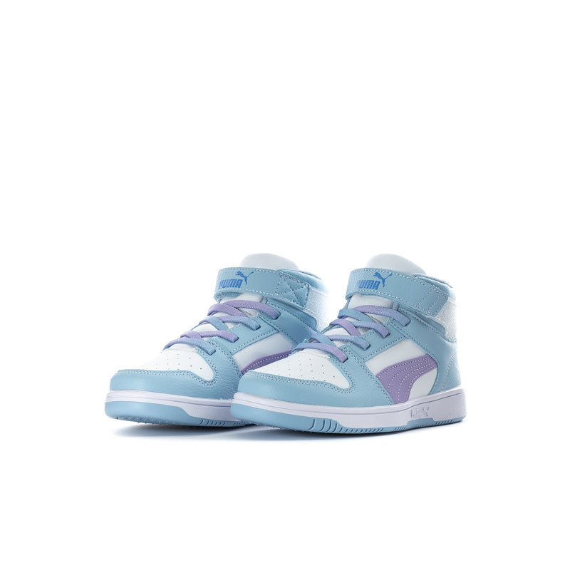 Kids high-top sneakers pair in light blue with purple side panels and lace-up front