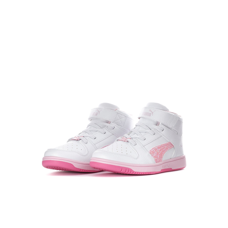 Kids high-top sneakers pair, white leather-look with pink glitter detail and pink sole