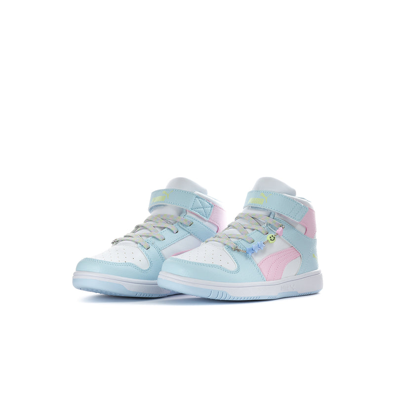 Kids high-top sneakers pair, light blue and white uppers with pink accents, lace-up