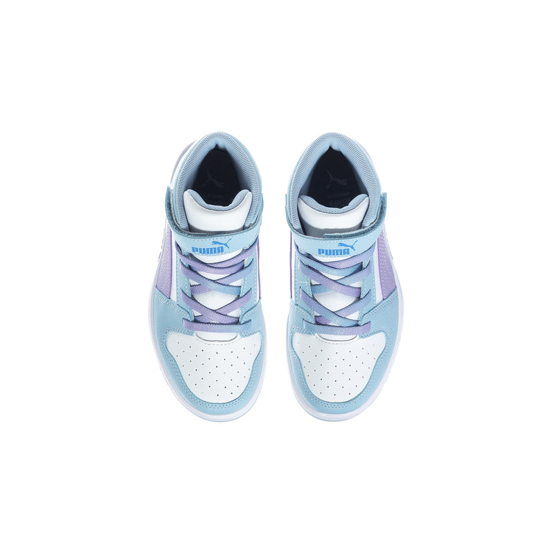 Kids high-top sneakers with blue lining, purple laces, and white toe cap