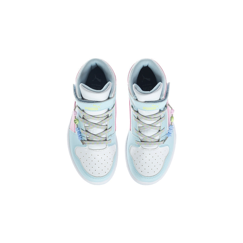 Kids high-top sneakers, top view with padded collars and multicolor lace details